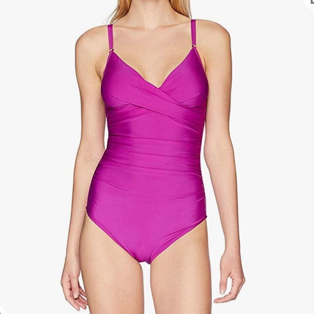 Calvin Klein Womens Solid Twist Over Shoulder One Piece Swimsuit Tummy Control